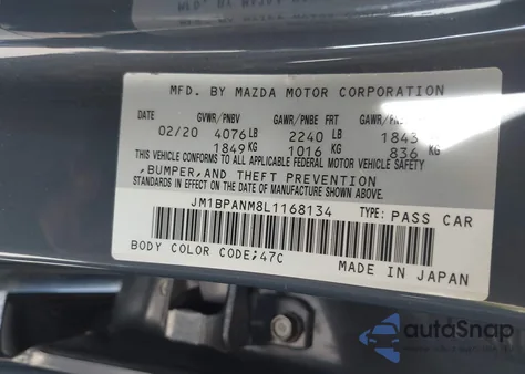 2020 Mazda Mazda3 Premium Package из США, поврежденный, VIN JM1BPANM8L1168134